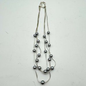 Silver Stone 3 Strand Snake Chain Necklace with Satin Beads 20 Inch Lobster Claw